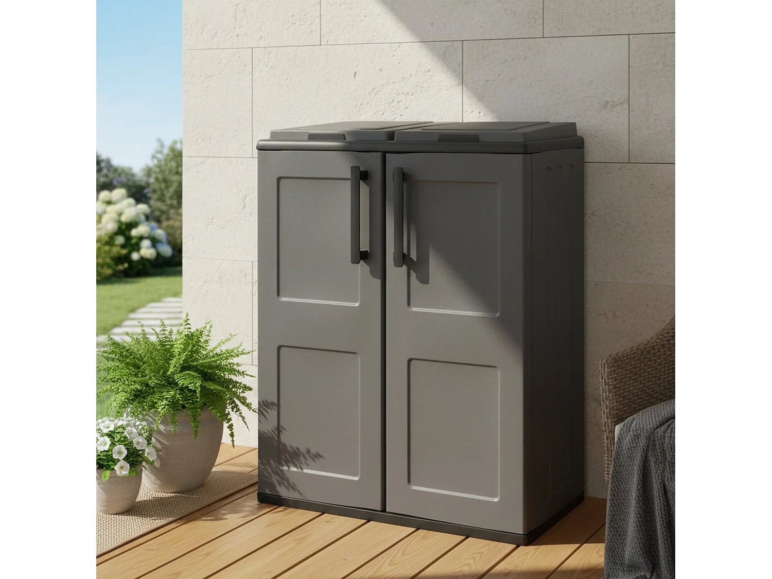 Poubelle Alfred, capacité 220 (110 par sac), fabriquée en Italie, 68x37x84h cm gris, 2 bacs, structure noire