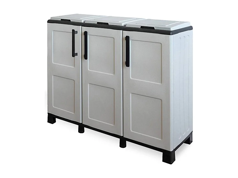 Poubelle Ciney, poubelle, poubelle de recyclage, 100% Made in Italy, 3 portes, 102x37h90 cm, Gris Clair et Noir