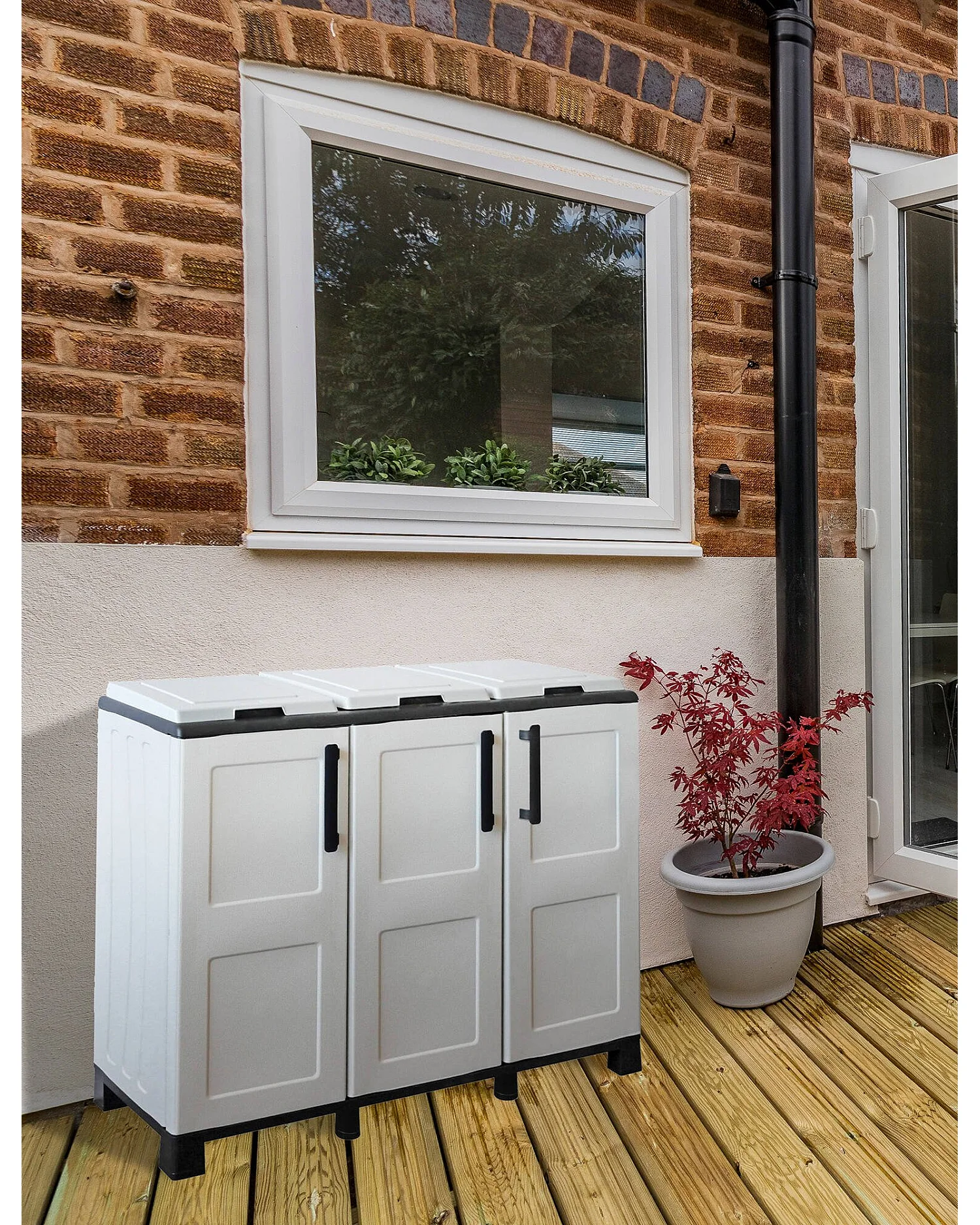 Dambrosett vuilnisbak, Vuilnisbak, Prullenbak, 100% Made in Italy, 3 deuren, 102x37h90 cm, Lichtgrijs en Zwart