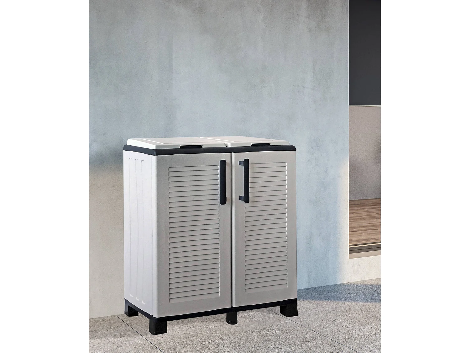 Poubelle Jurbise, poubelle, poubelle de recyclage, 100% Made in Italy, 68x37h90 cm, gris clair et noir, finition rayée