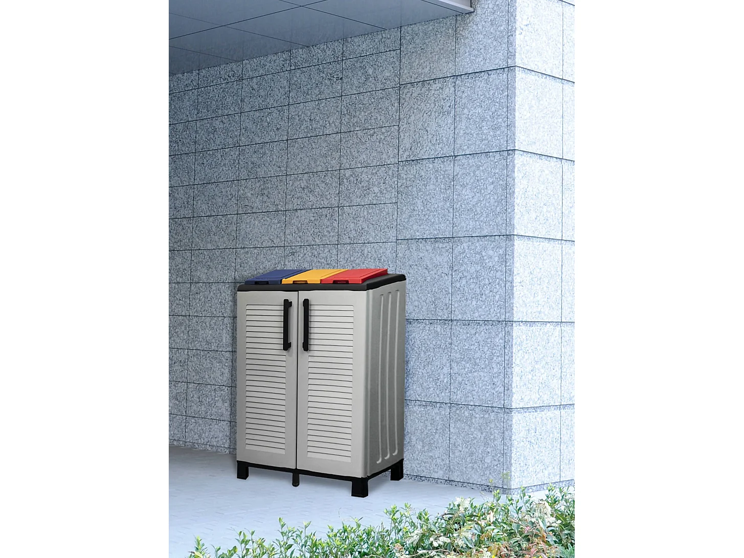 Poubelle Hotton, poubelle, poubelle de recyclage 2 portes, 100% Made in Italy, 68x37h90 cm, gris clair et multicolore