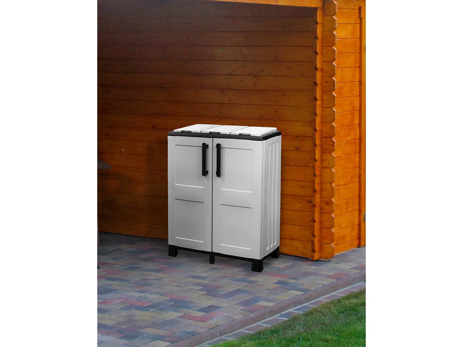 Poubelle Ciney, poubelle, poubelle de recyclage, 100% Made in Italy, 2 portes, 68x37h90 cm, Gris Clair et Noir