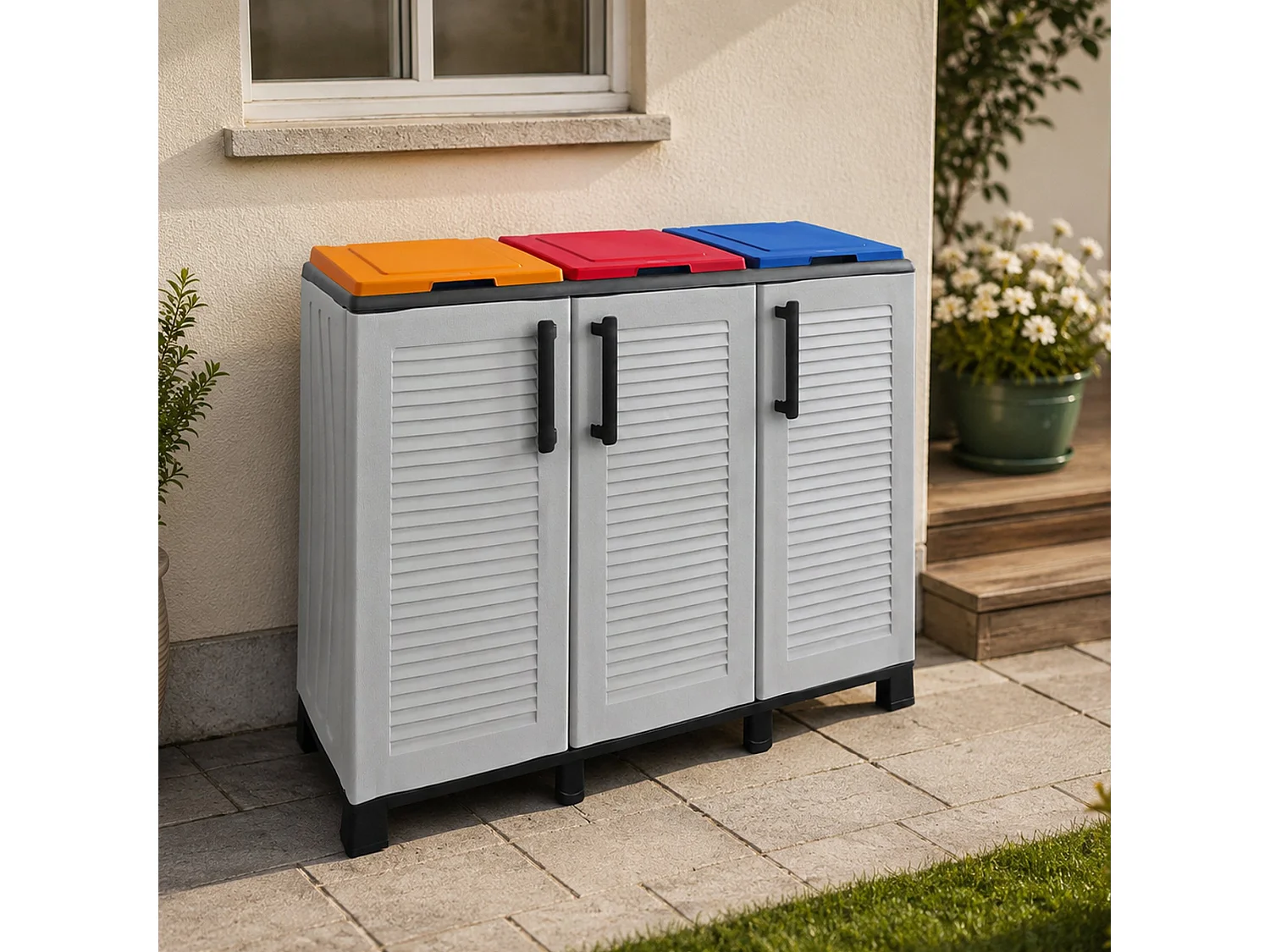 Poubelle Apix, capacité 330 (110 par sac) Fabriqué en Italie, 102x37x90h cm gris clair, conteneur à déchets, 3 bacs
