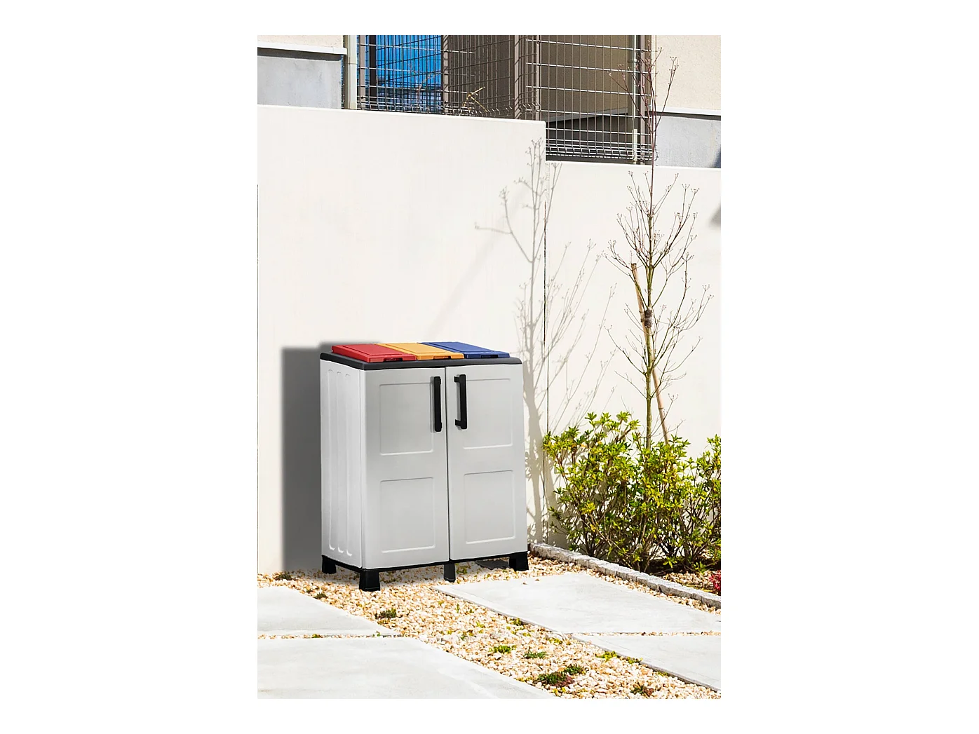 Dambrosett-pruisbak, afvalbak, afvalbak, 100% Made in Italy, 2 deuren, 68x37h90 cm, lichtgrijs en veelkleurig