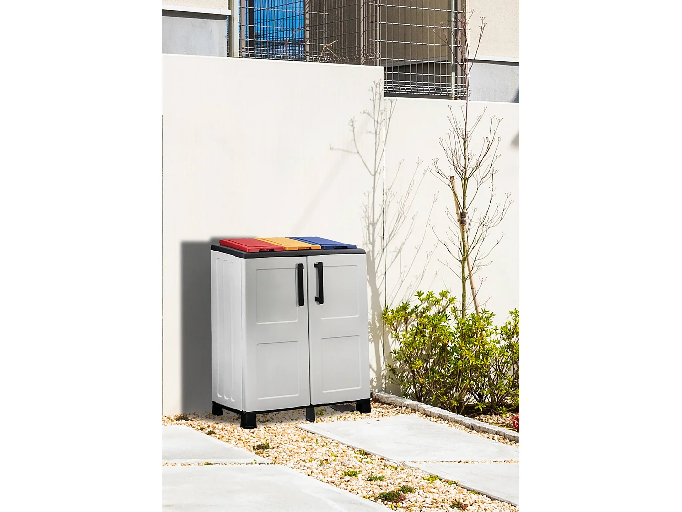 Poubelle Ciney, poubelle, poubelle de recyclage, 100% Made in Italy, 2 portes, 68x37h90 cm, gris clair et multicolore