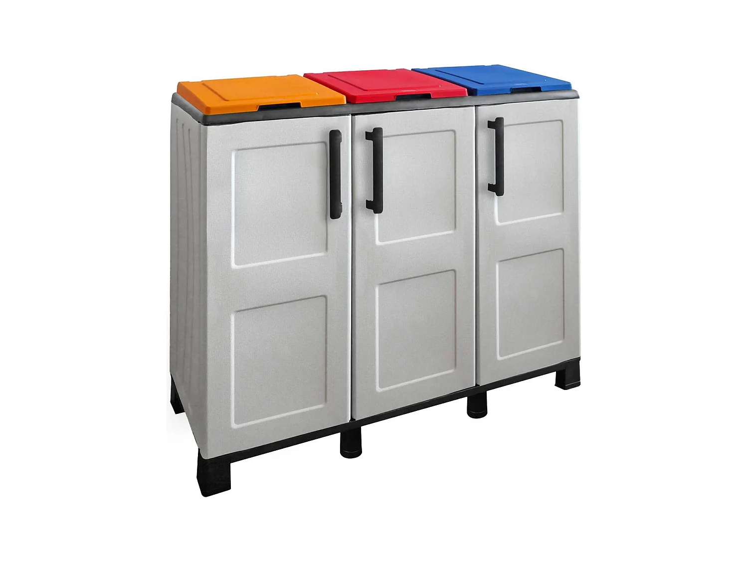 Poubelle Ciney, poubelle, poubelle de recyclage, 100% Made in Italy, 3 portes, 102x37h90 cm, gris clair et multicolore