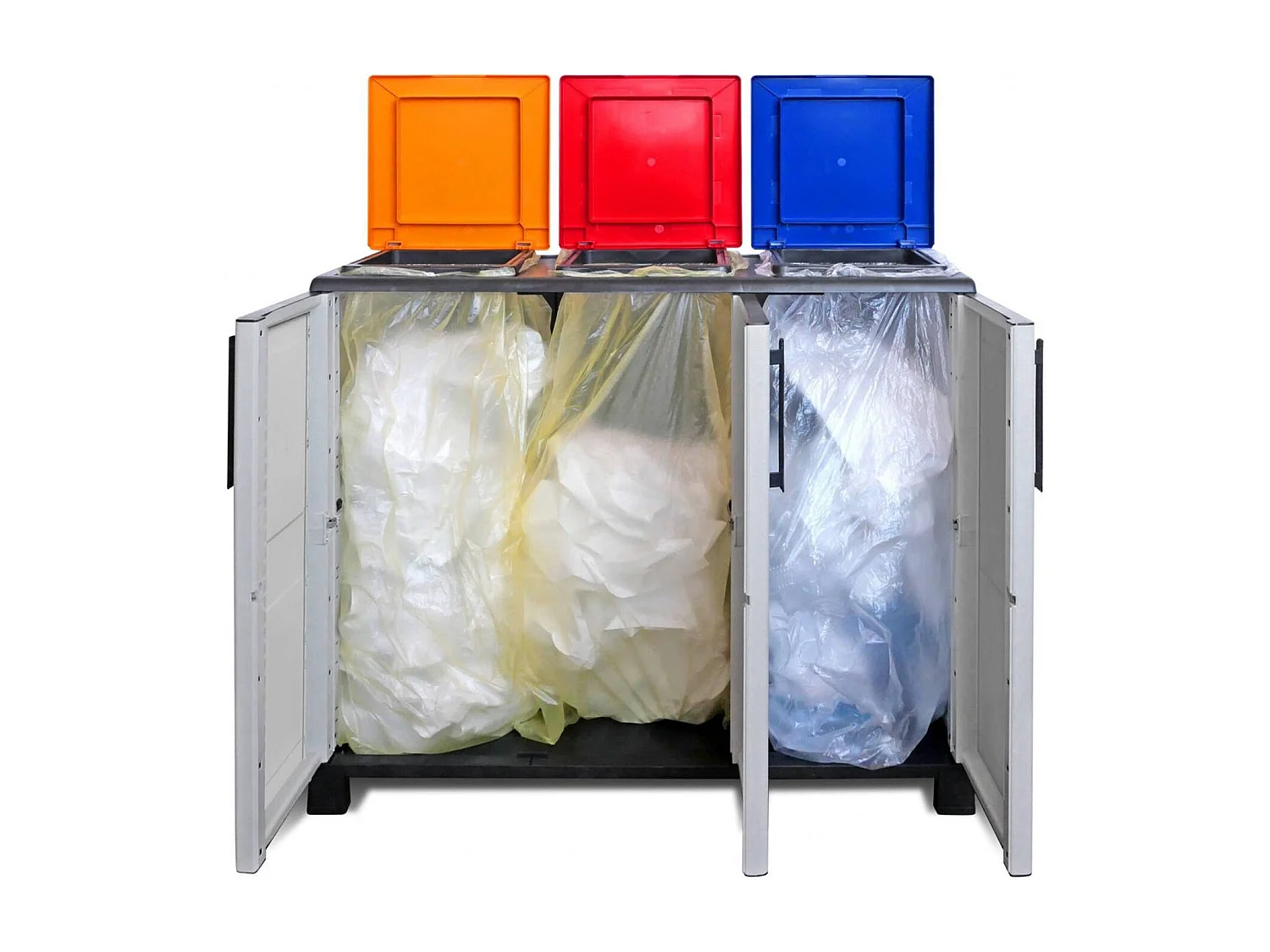 Poubelle Ciney, poubelle, poubelle de recyclage, 100% Made in Italy, 3 portes, 102x37h90 cm, gris clair et multicolore