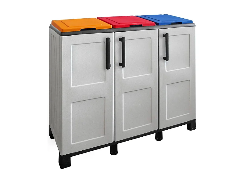 Poubelle Ciney, poubelle, poubelle de recyclage, 100% Made in Italy, 3 portes, 102x37h90 cm, gris clair et multicolore