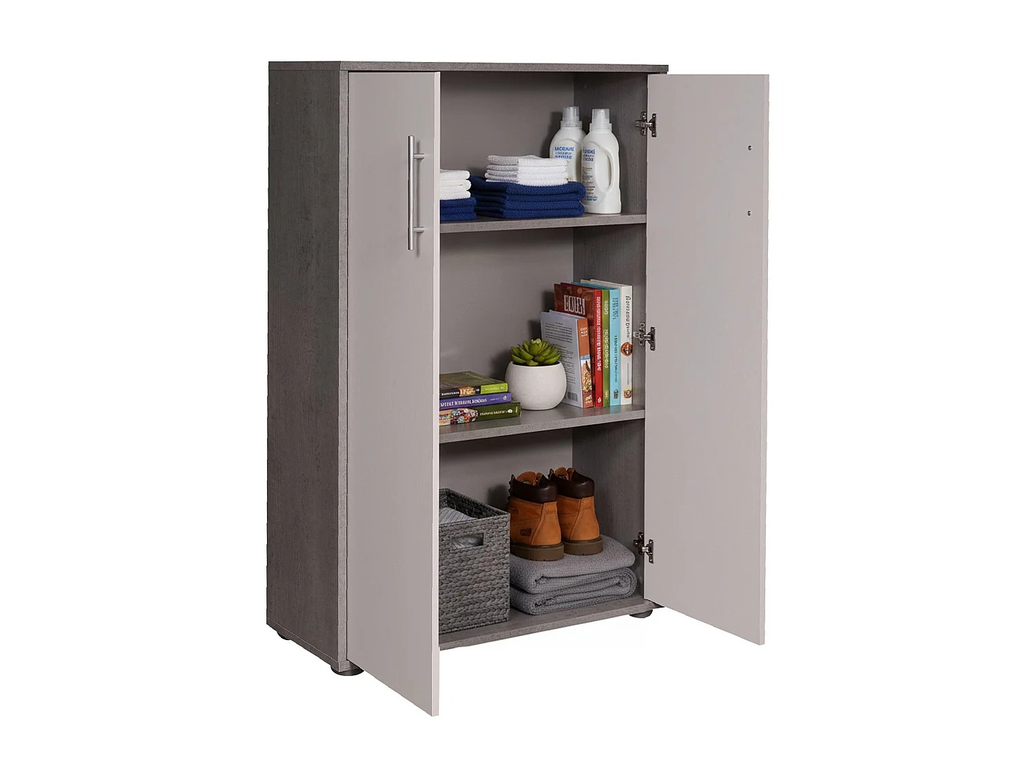 Armoire polyvalente à 2 portes Cambrils, Armoire auxiliaire, Armoire à chaussures, Bibliothèque multifonction avec 2 portes, 79x34h118 cm, Ciment et Blanc