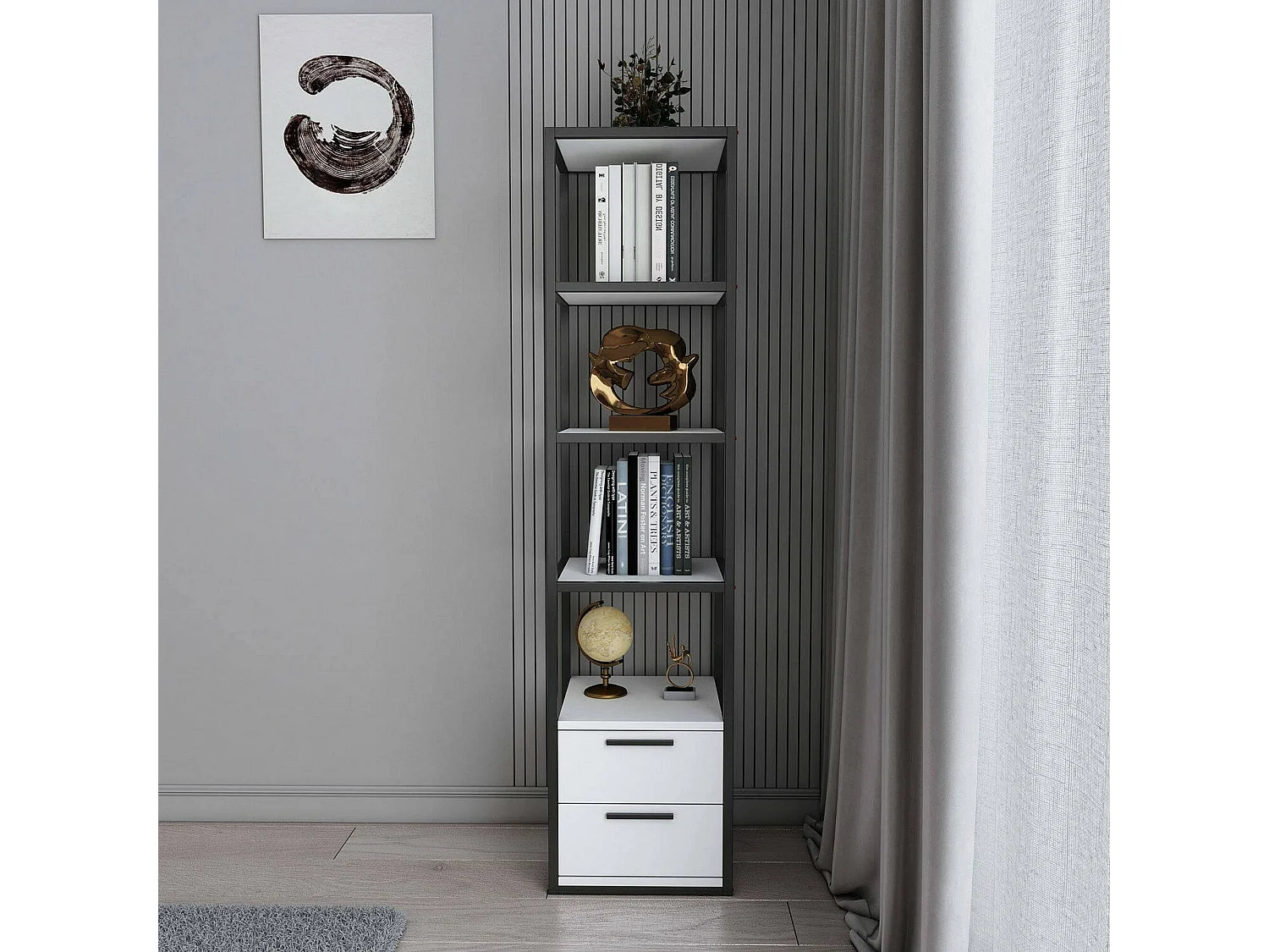 Bibliothèque Artemis, Etagère de bureau, Porte-livre mobile, Librairie, 39x39h169 cm, Blanc et Noir