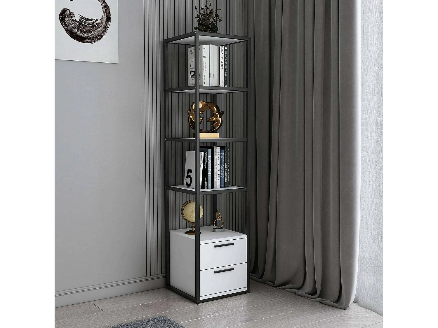 Dfoliat boekenkast, kantoorplank, boekenkast, bibliotheek, 39x39h169 cm, zwart-wit