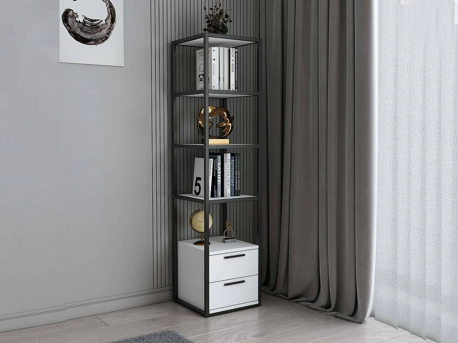 Dfoliat boekenkast, kantoorplank, boekenkast, bibliotheek, 39x39h169 cm, zwart-wit