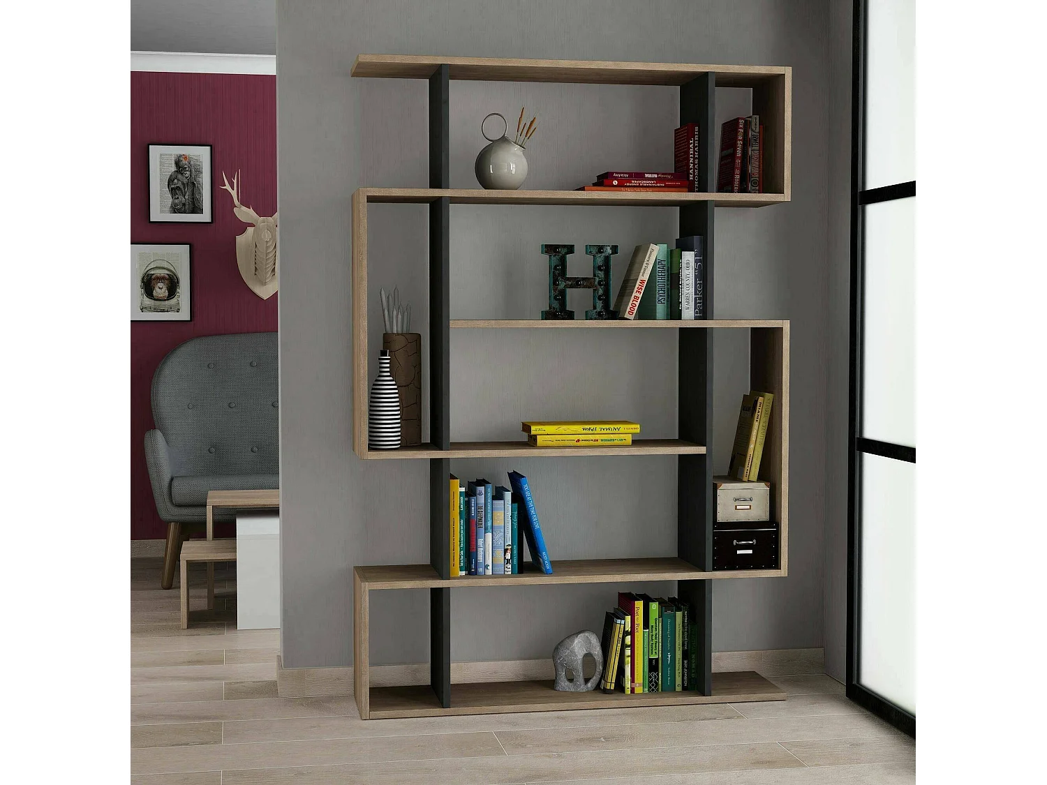 Bibliothèque Adhara, Etagère de bureau, Porte-livre mobile, Librairie, 110x26h161 cm, Chêne et Anthracite