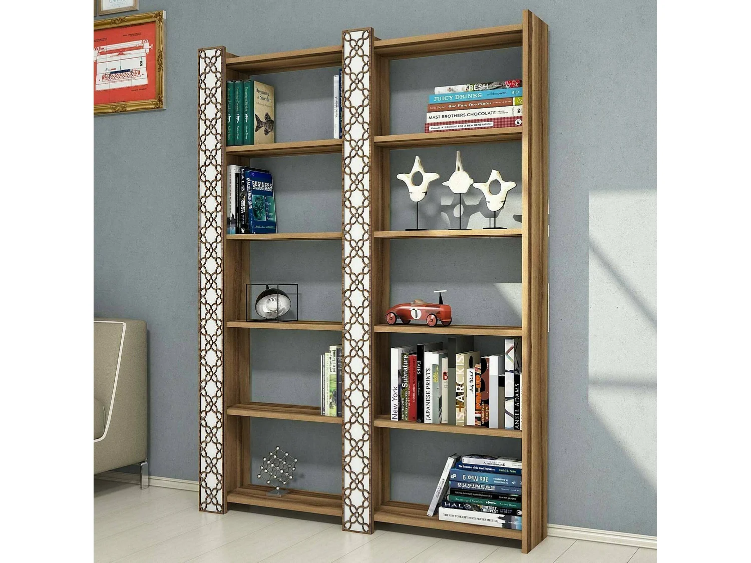Bibliothèque Alula, Etagère de bureau, Porte-livre mobile, Librairie, 125x24h170 cm, Noyer et Blanc