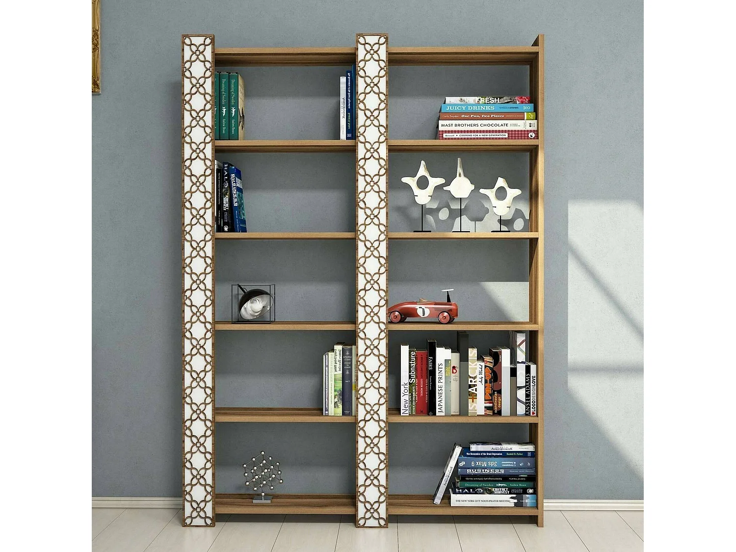 Bibliothèque Alula, Etagère de bureau, Porte-livre mobile, Librairie, 125x24h170 cm, Noyer et Blanc