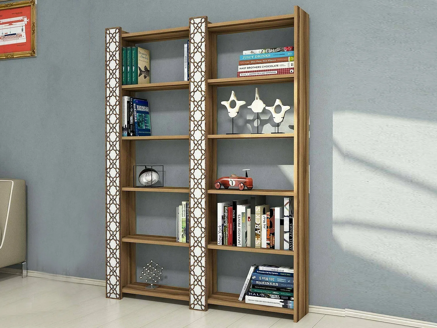 Bücherregal Destéve, Büroregal, Mobiler Buchhalter, Bücherbrett, 125x24h170 cm, Walnuss und WeiÃŸ