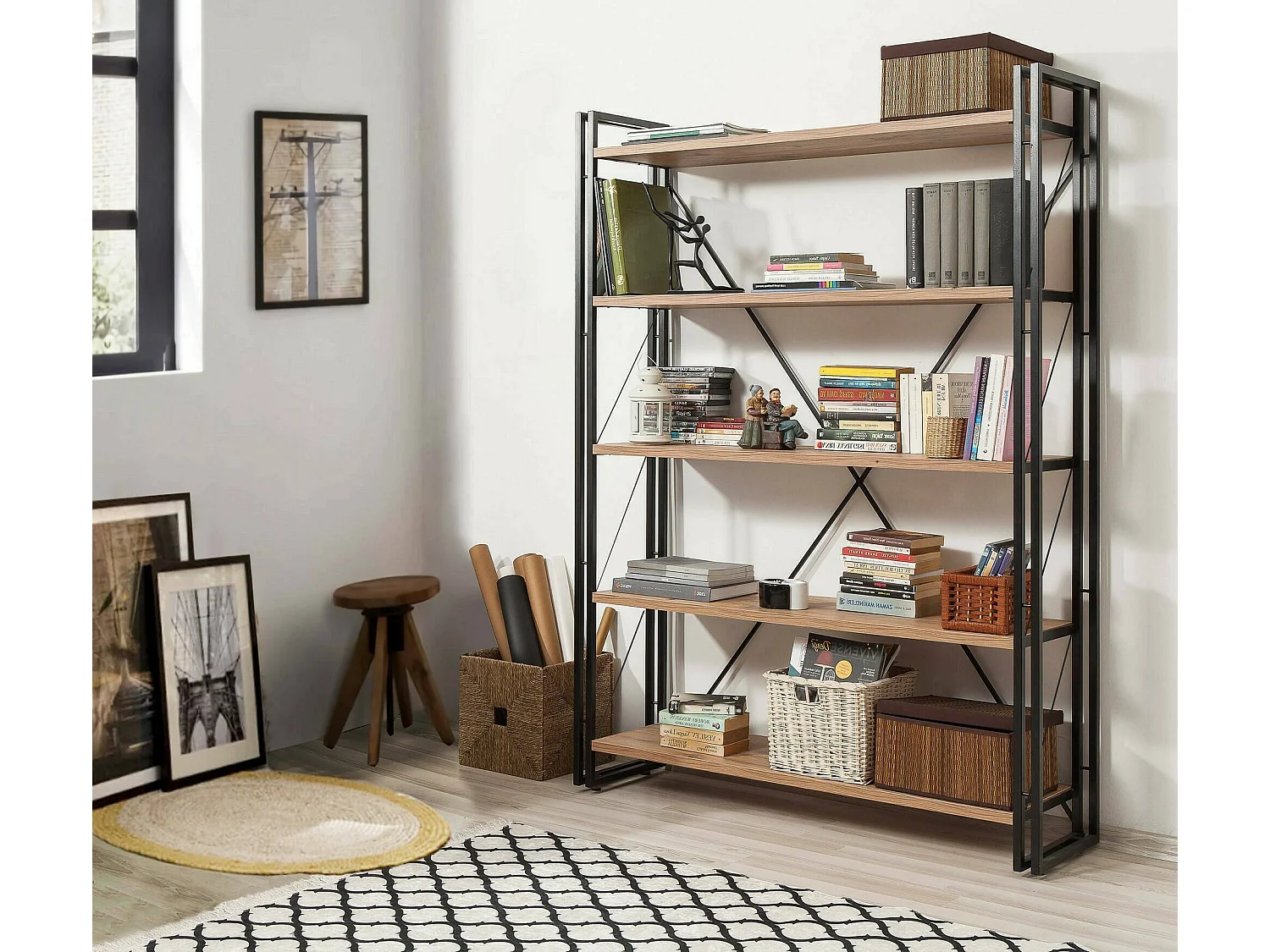 Bibliothèque Sol, Etagère de bureau, Porte-livre mobile, Librairie, 130x35h180 cm, Chêne et Noir