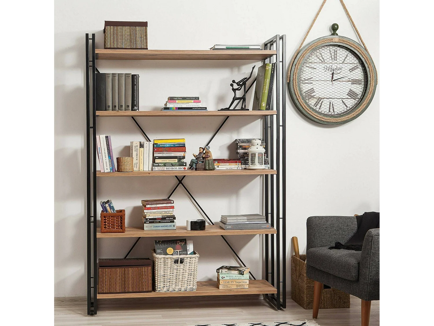 Bibliothèque Sol, Etagère de bureau, Porte-livre mobile, Librairie, 130x35h180 cm, Chêne et Noir