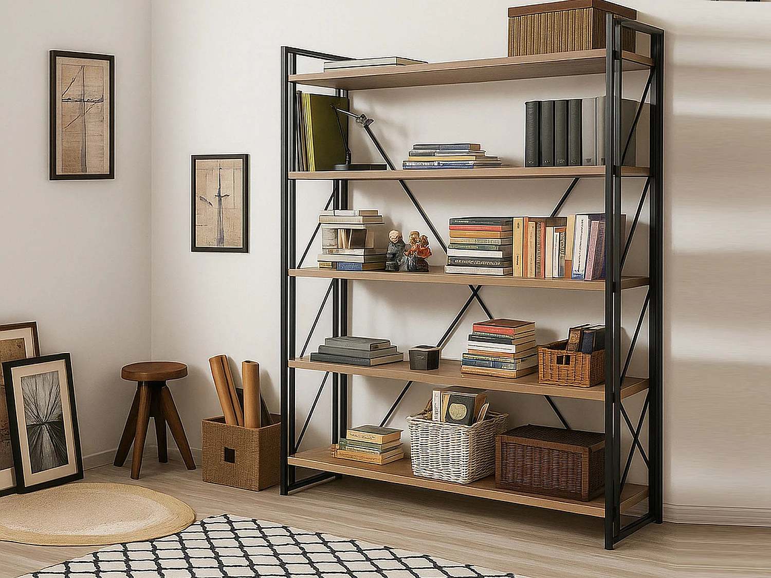 Bibliothèque Sol, Etagère de bureau, Porte-livre mobile, Librairie, 130x35h180 cm, Chêne et Noir