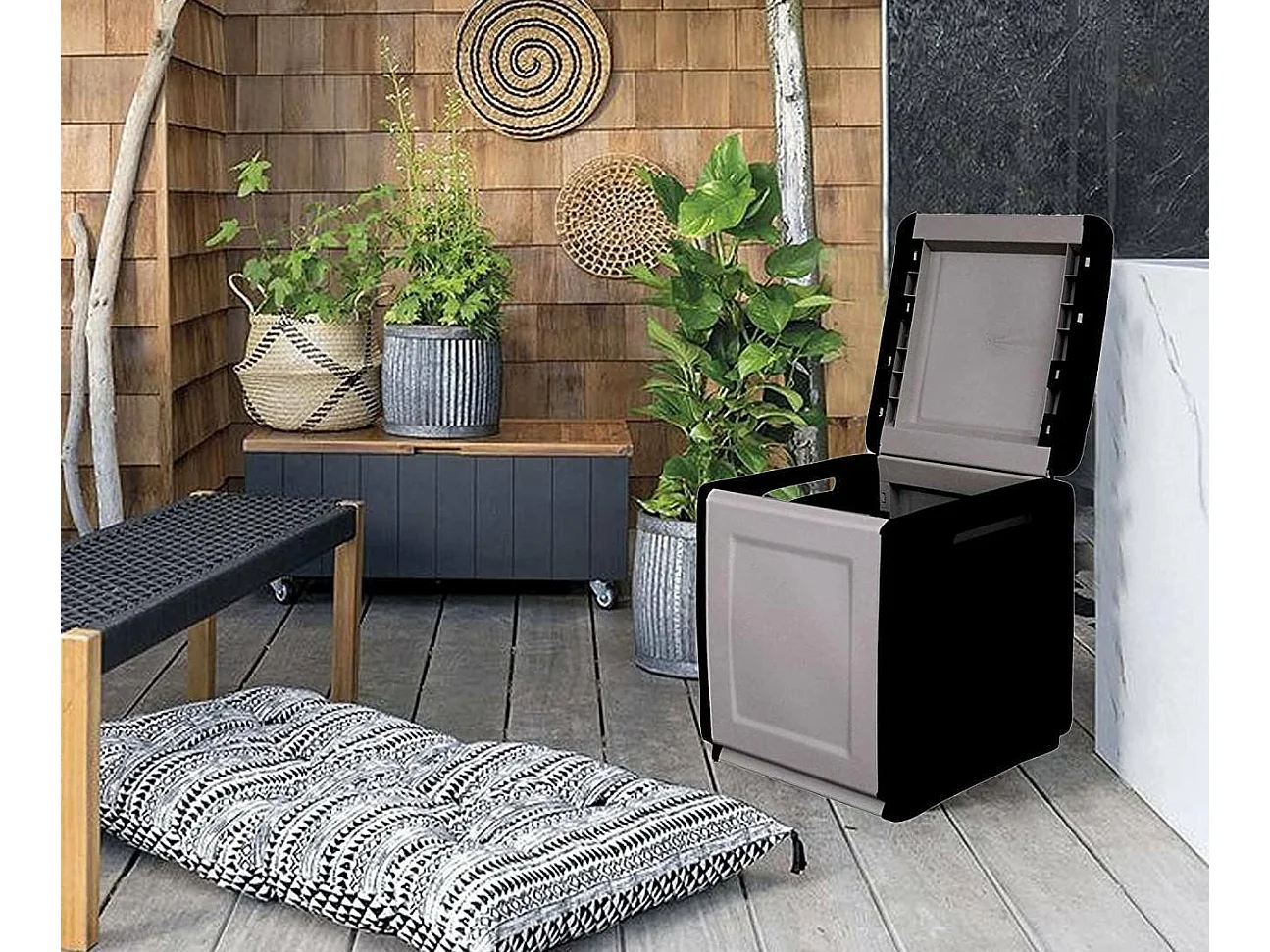 Malle Lille, Coffre polyvalent, Malle de rangement, Boîte de rangement, 100% Made in Italy, 54x53h57 cm, Gris clair et noir