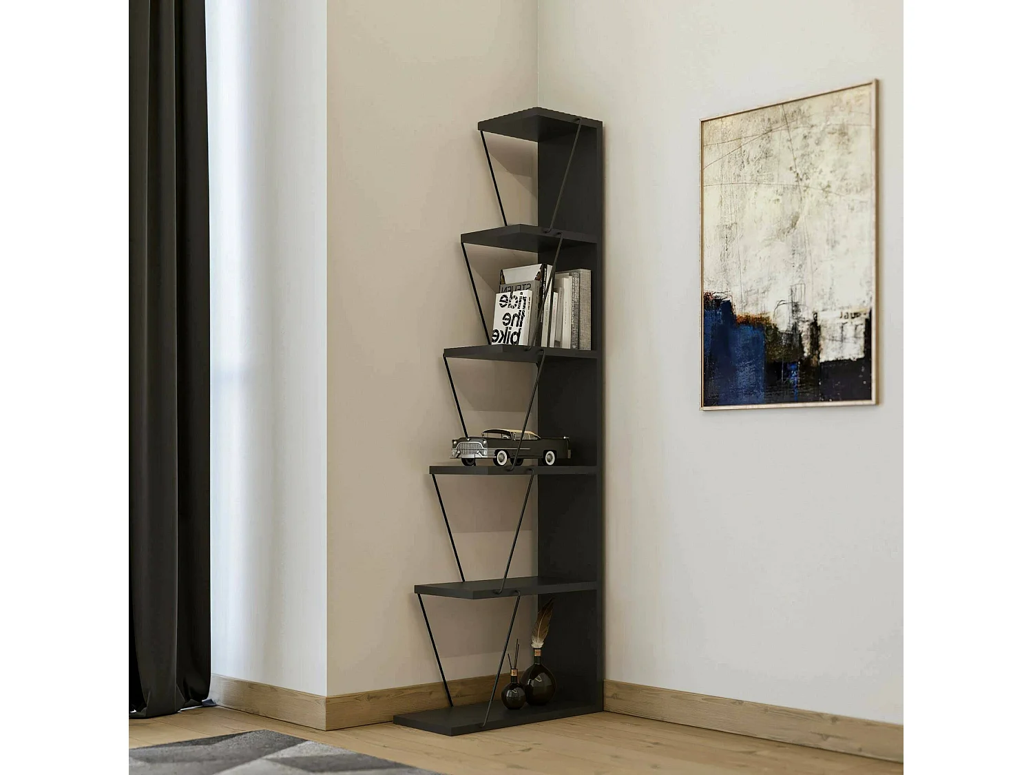 Bibliothèque Mizar, Etagère de bureau, Porte-livre mobile, Librairie, 50x22h150 cm, Anthracite et Noir