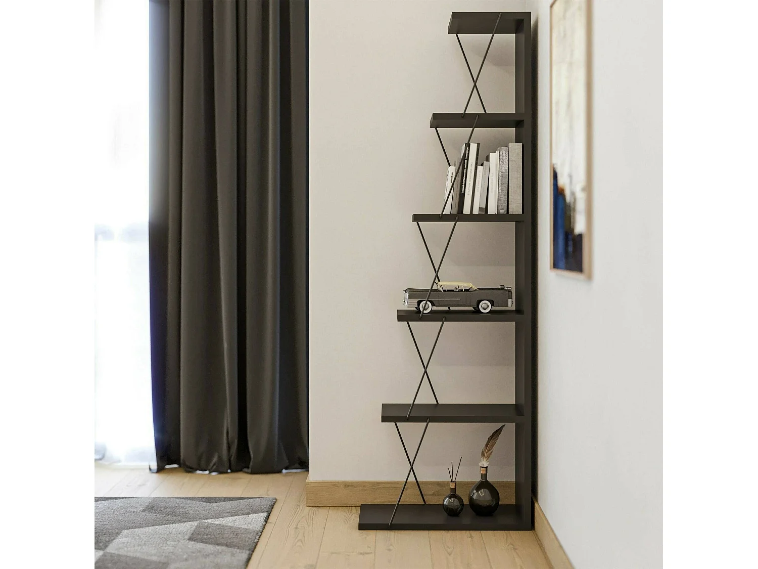 Bibliothèque Mizar, Etagère de bureau, Porte-livre mobile, Librairie, 50x22h150 cm, Anthracite et Noir