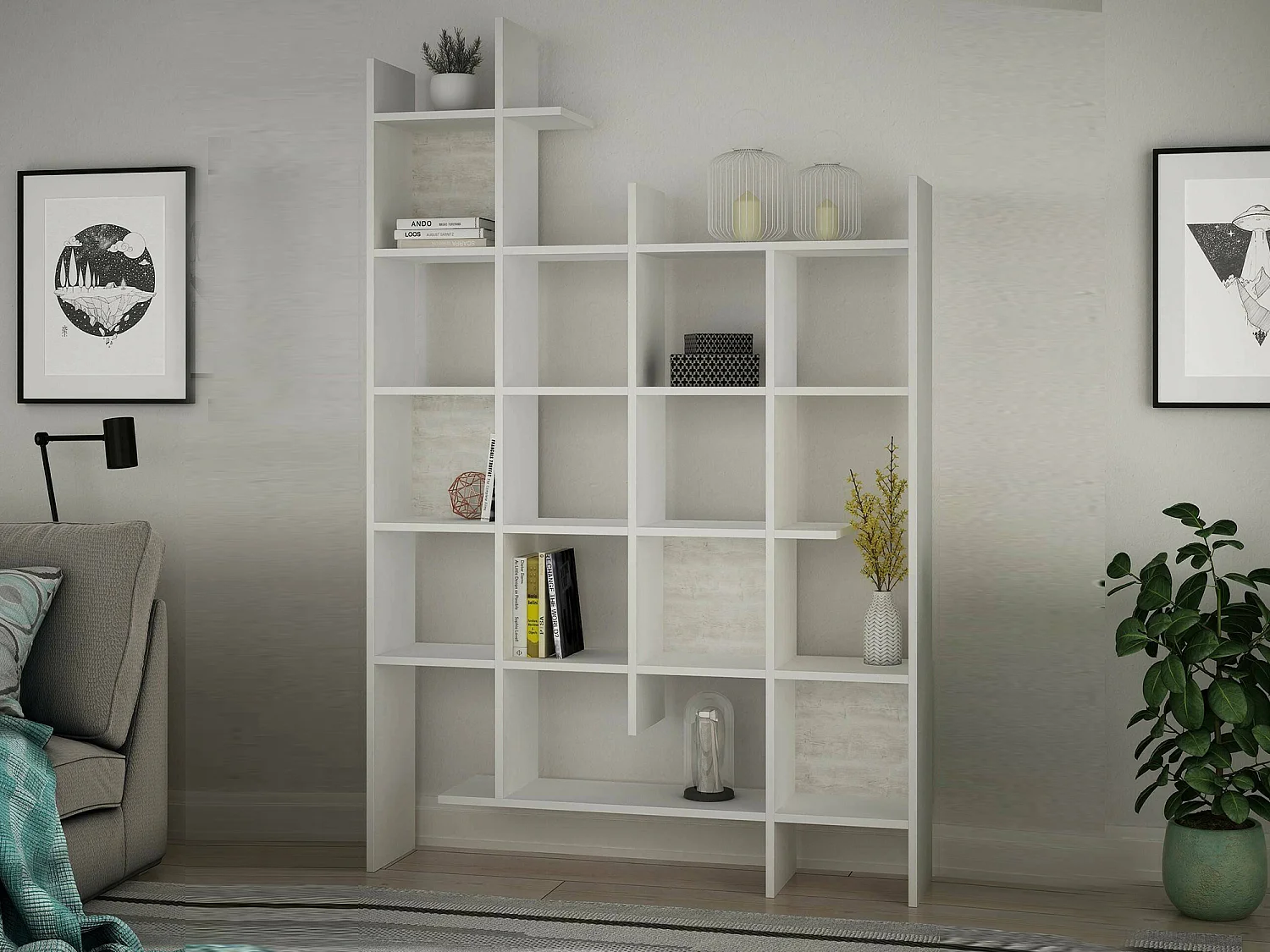 Bibliothèque Chertan, Etagère de bureau, Porte-livre mobile, Librairie, 122x26h188 cm, Blanc