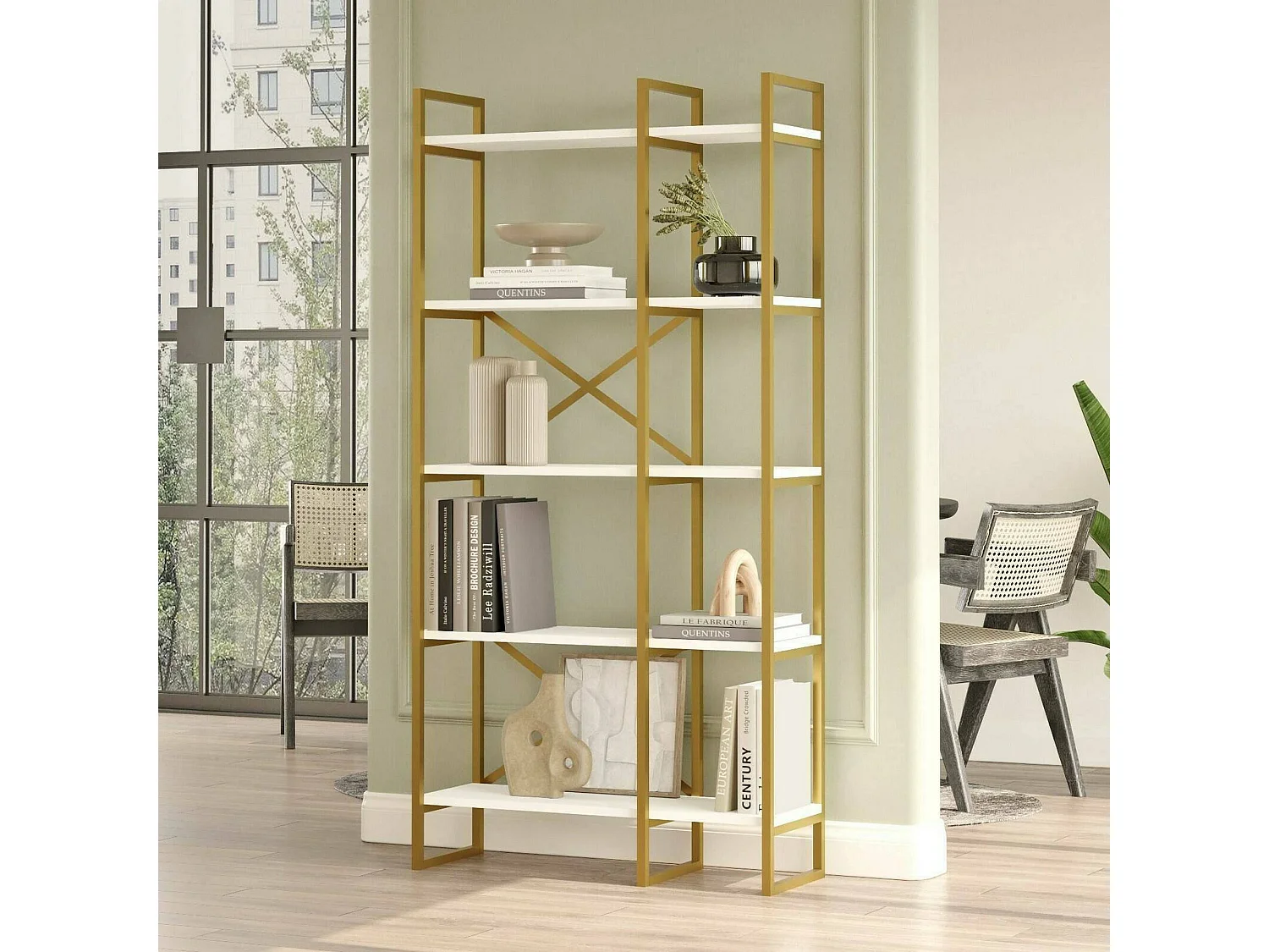 Dfiorind boekenkast, kantoorplank, boekenkast, bibliotheek, 88x30h175 cm, wit en goud