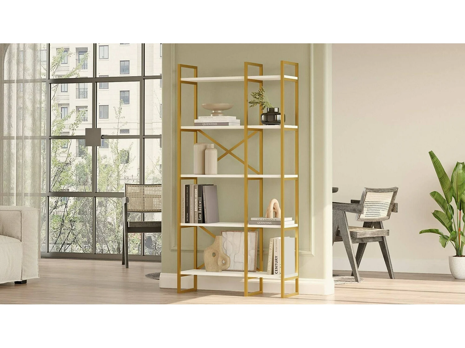 Dfiorind boekenkast, kantoorplank, boekenkast, bibliotheek, 88x30h175 cm, wit en goud