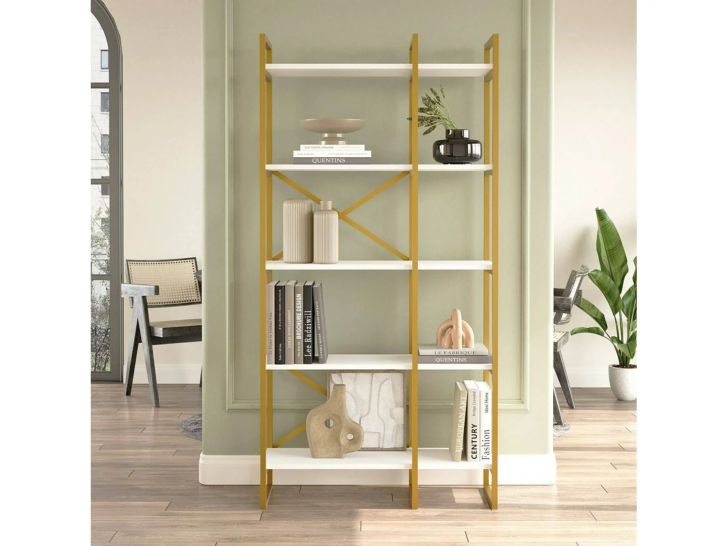 Dfiorind boekenkast, kantoorplank, boekenkast, bibliotheek, 88x30h175 cm, wit en goud