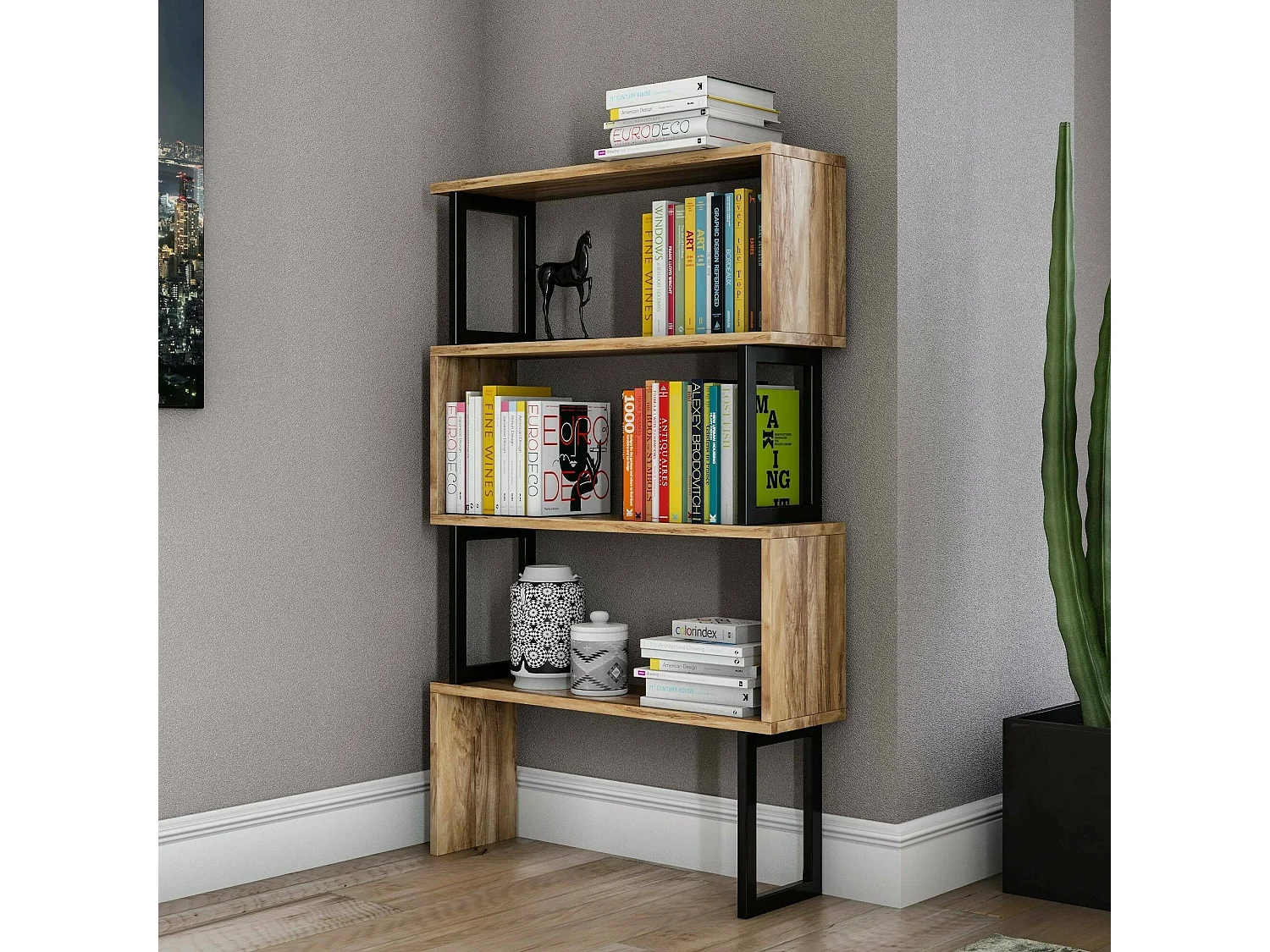 Bibliothèque Wezen, Etagère de bureau, Porte-livre mobile, Librairie, 80x22h128 cm, Noyer
