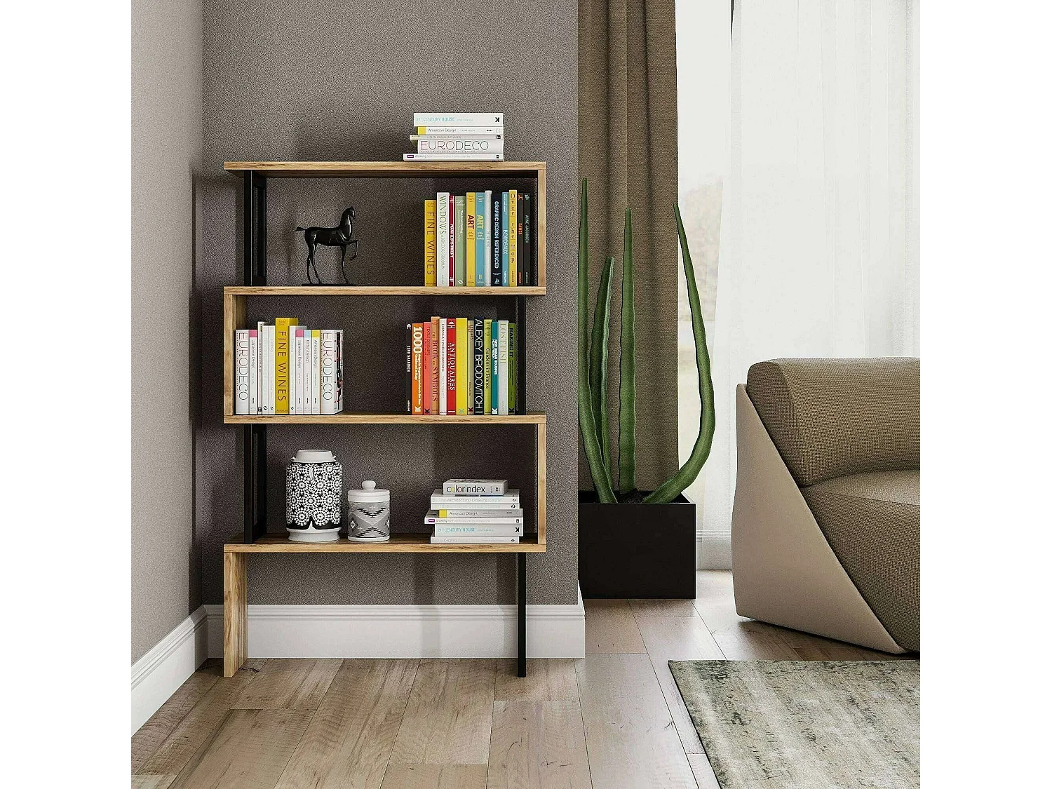 Bibliothèque Wezen, Etagère de bureau, Porte-livre mobile, Librairie, 80x22h128 cm, Noyer