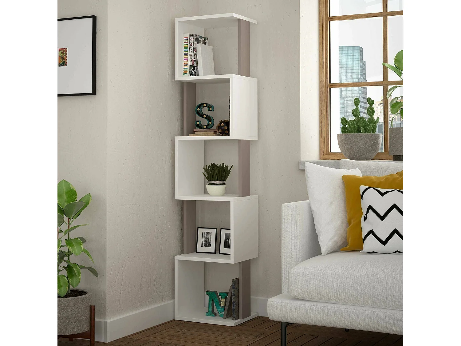 Bibliothèque Aglaia, Etagère de bureau, Porte-livre mobile, Librairie, 35x30h161 cm, Blanc et Taupe