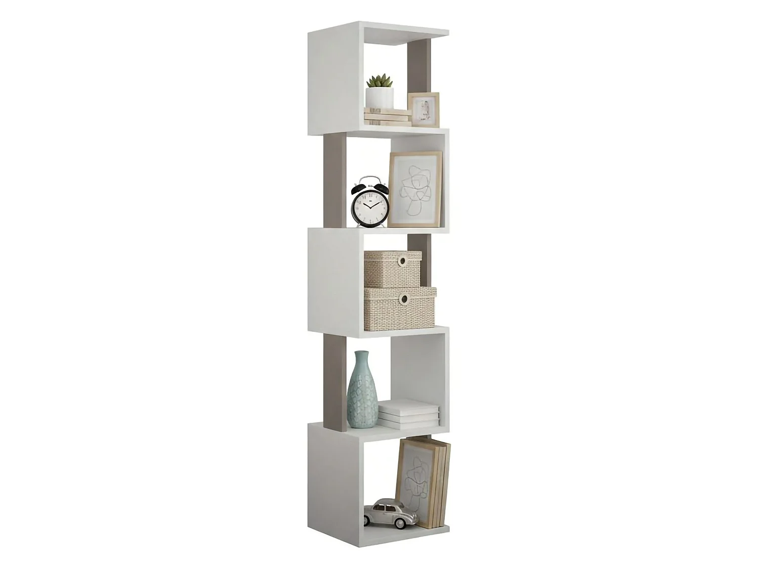 Bibliothèque Aglaia, Etagère de bureau, Porte-livre mobile, Librairie, 35x30h161 cm, Blanc et Taupe