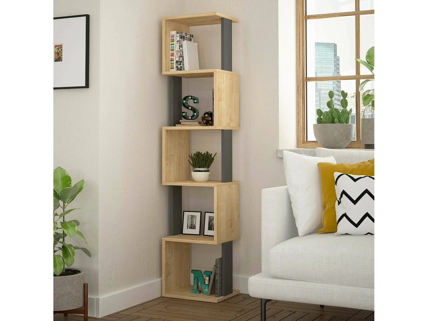 Bibliothèque Aglaia, Etagère de bureau, Porte-livre mobile, Librairie, 35x30h161 cm, Chêne et Anthracite