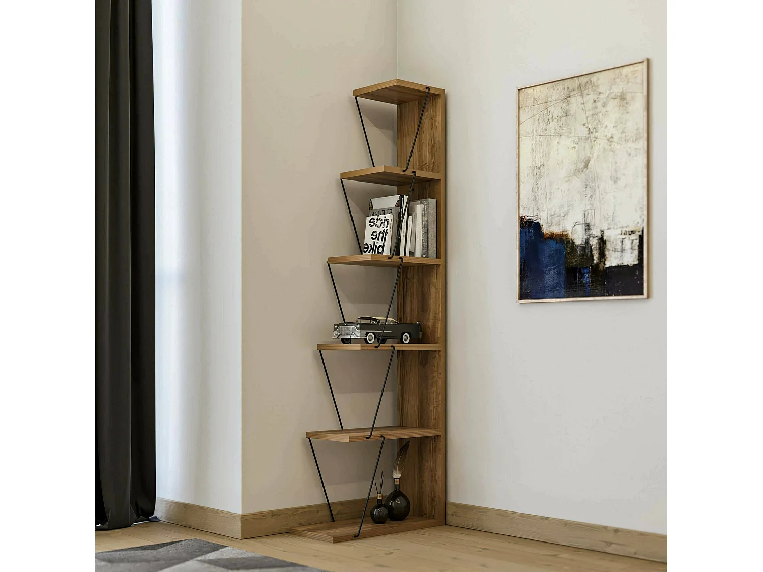 Bibliothèque Mizar, Etagère de bureau, Porte-livre mobile, Librairie, 50x22h150 cm, Chêne et Noir