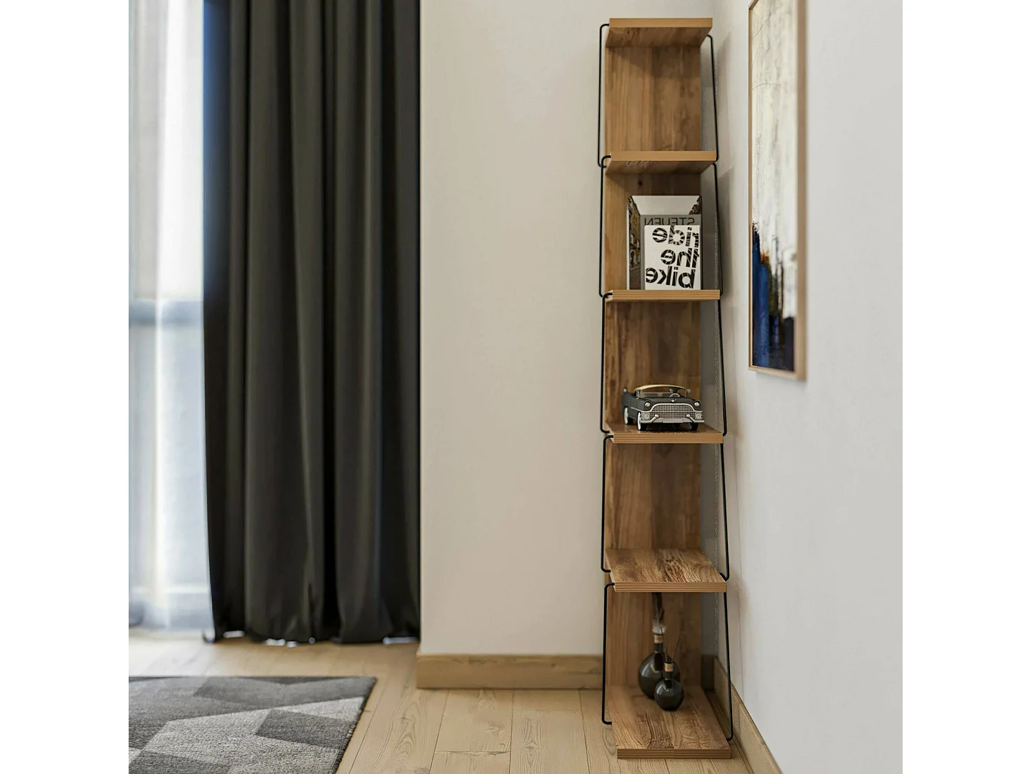 Bibliothèque Mizar, Etagère de bureau, Porte-livre mobile, Librairie, 50x22h150 cm, Chêne et Noir