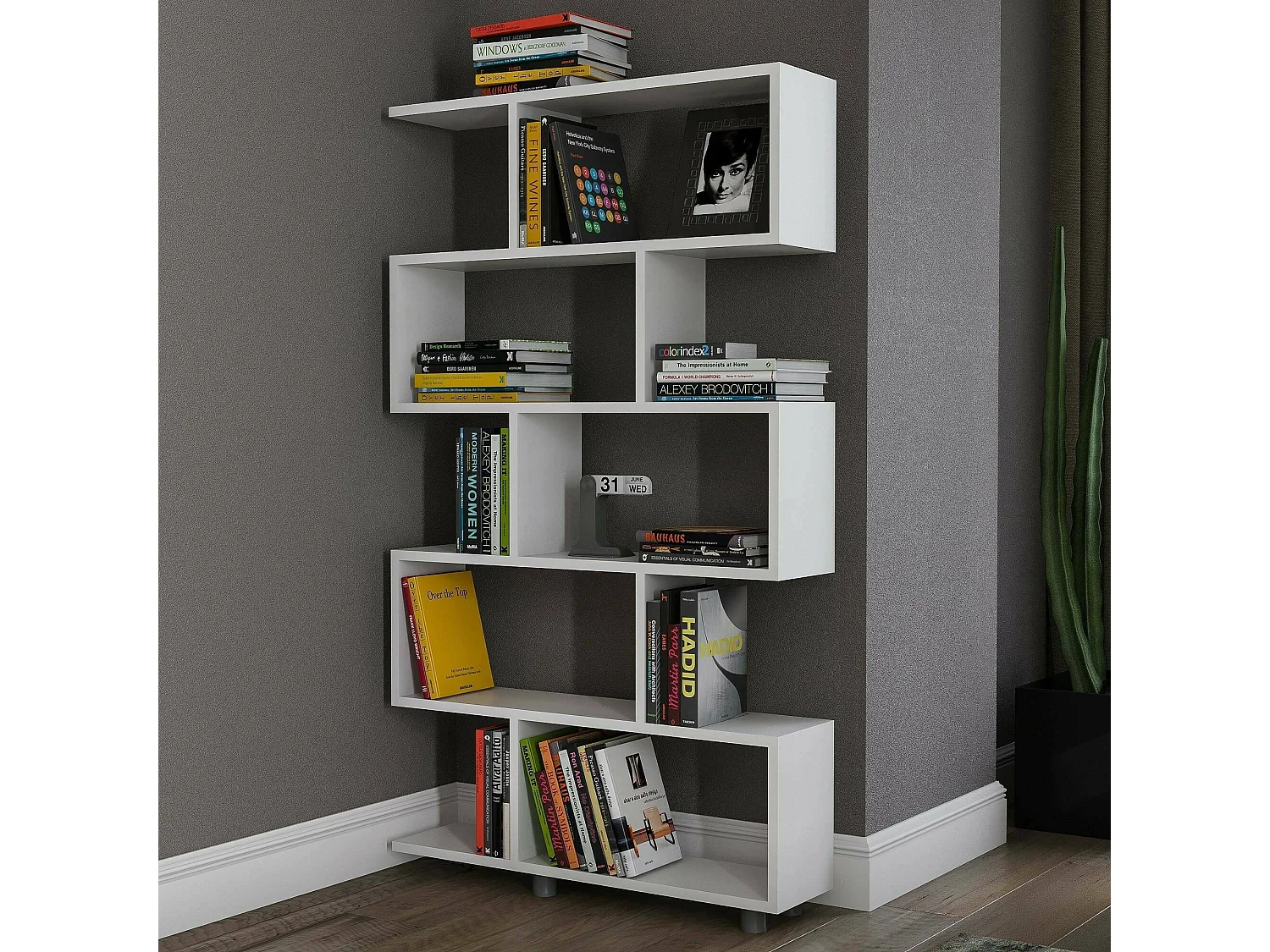 Bibliothèque Hamal, Etagère de bureau, Porte-livre mobile, Librairie, 90x20h156 cm, Blanc