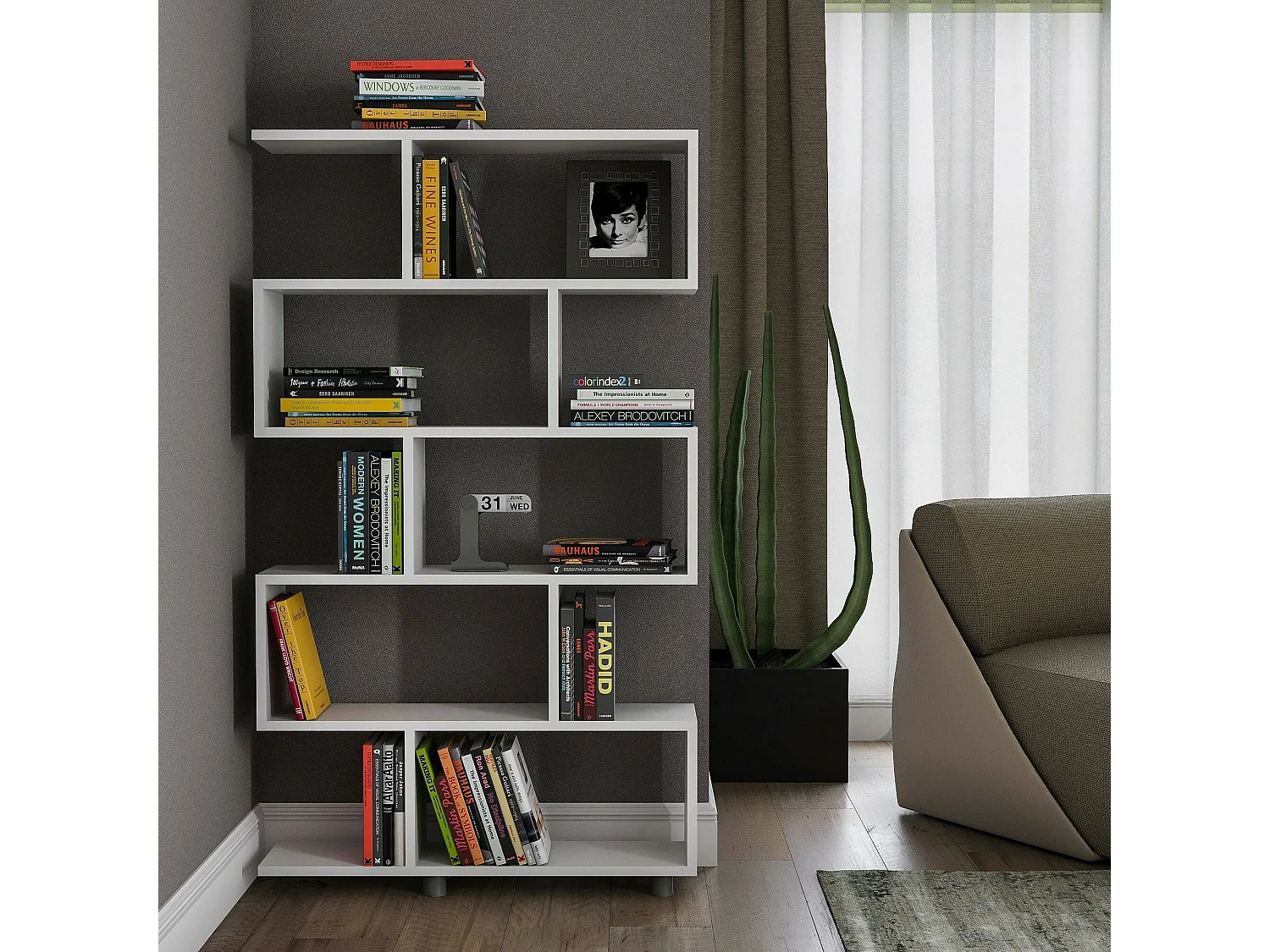 Estante para libros Dmarasch, Estante de oficina, Porta libros móvil, Biblioteca, 90x20h156 cm, Blanco