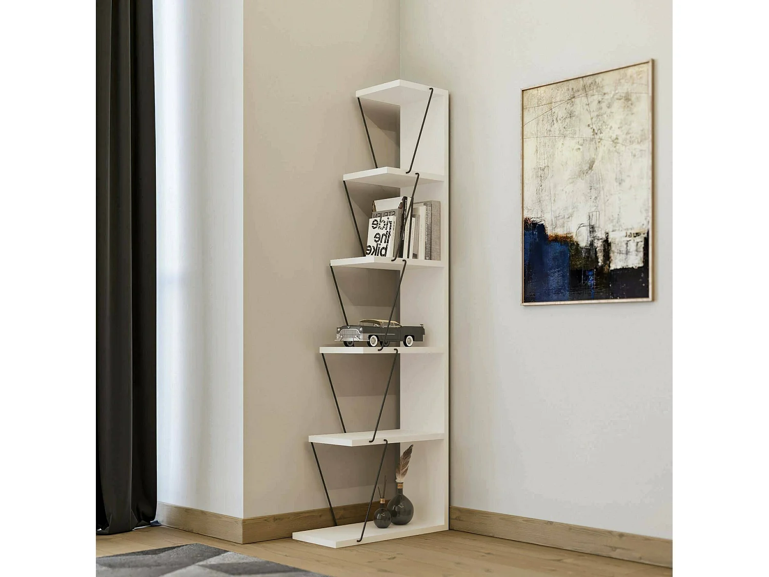 Bibliothèque Mizar, Etagère de bureau, Porte-livre mobile, Librairie, 50x22h150 cm, Blanc et Noir