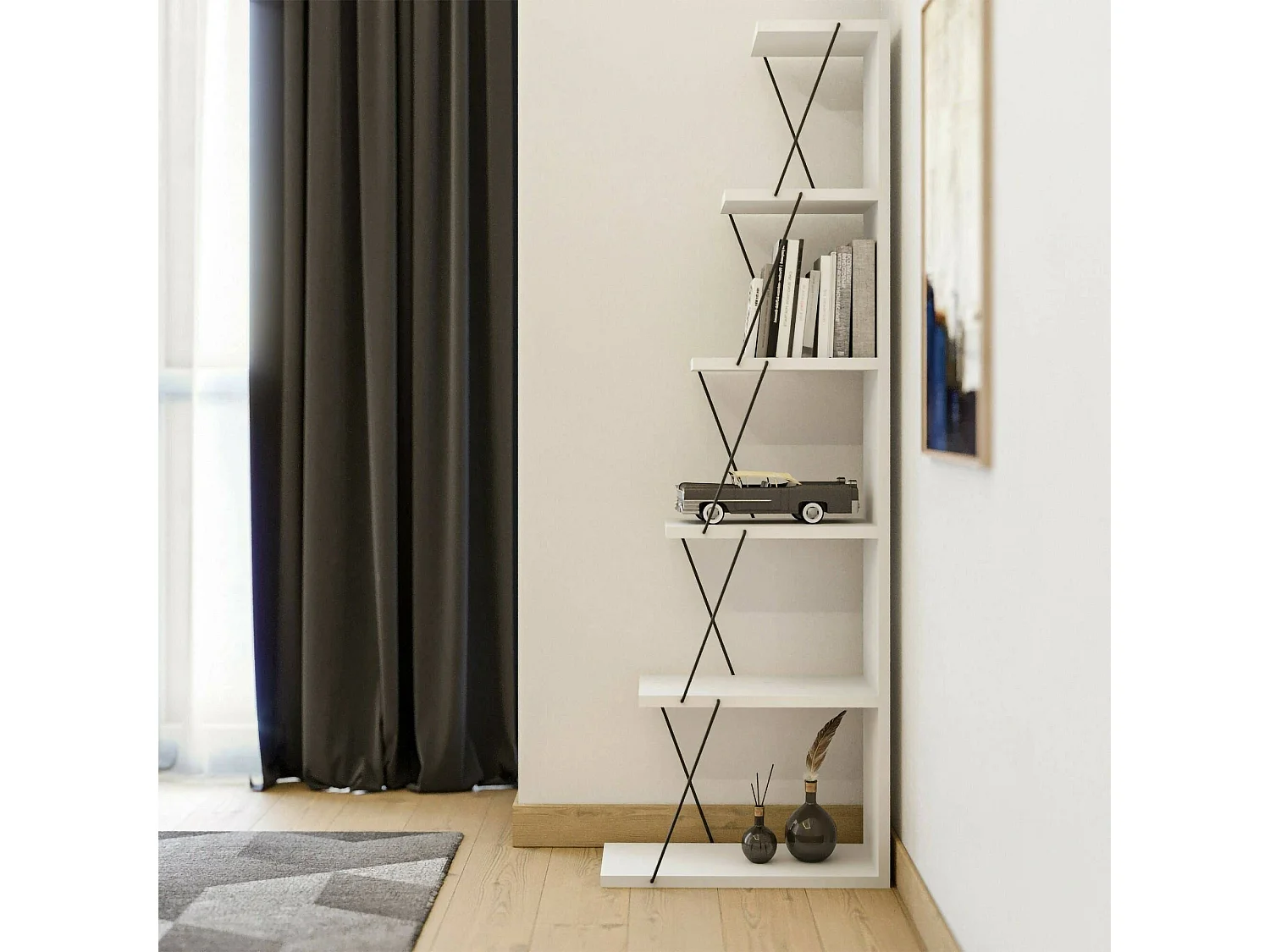 Bibliothèque Mizar, Etagère de bureau, Porte-livre mobile, Librairie, 50x22h150 cm, Blanc et Noir