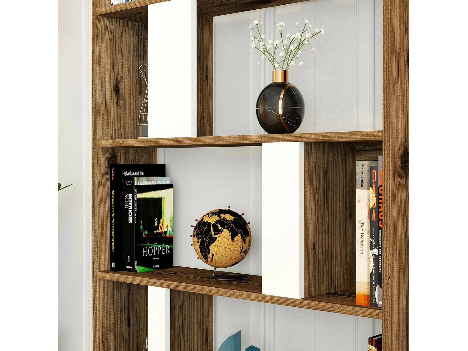 Bibliothèque Algieba, Etagère de bureau, Porte-livre mobile, Librairie, 90x20h180 cm, Noyer et Blanc