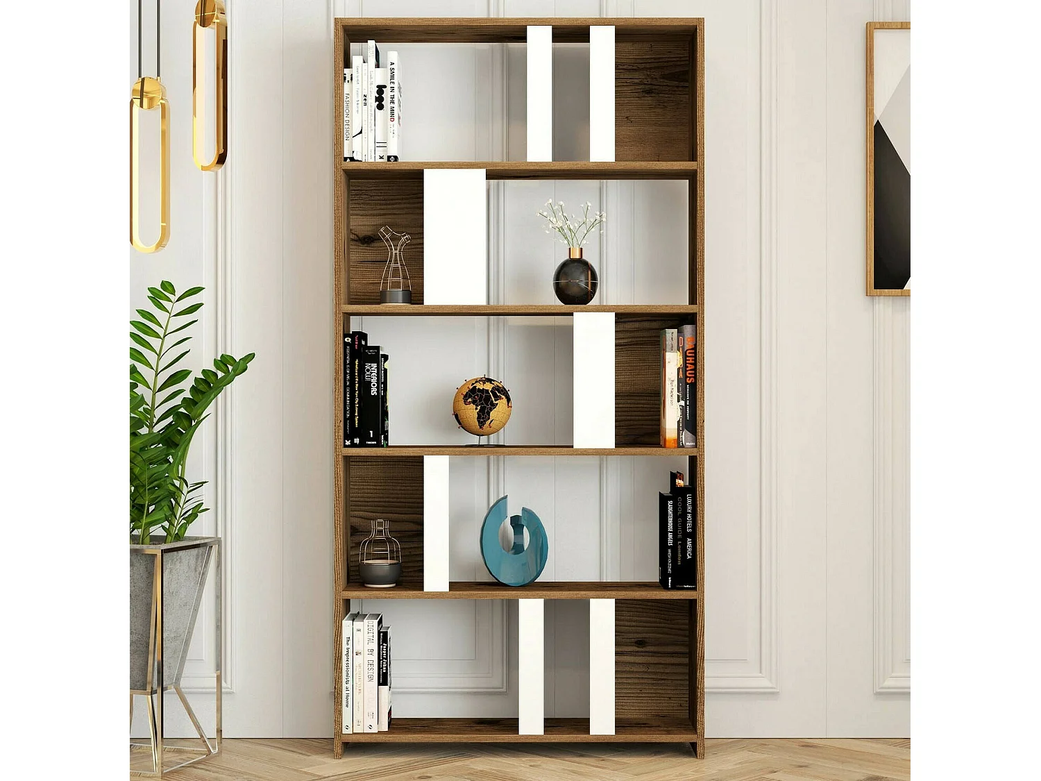 Dbellusc Boekenkast, Kantoorplank, Boekenkast, Bibliotheek, 90x20h180 cm, Walnoot en Wit