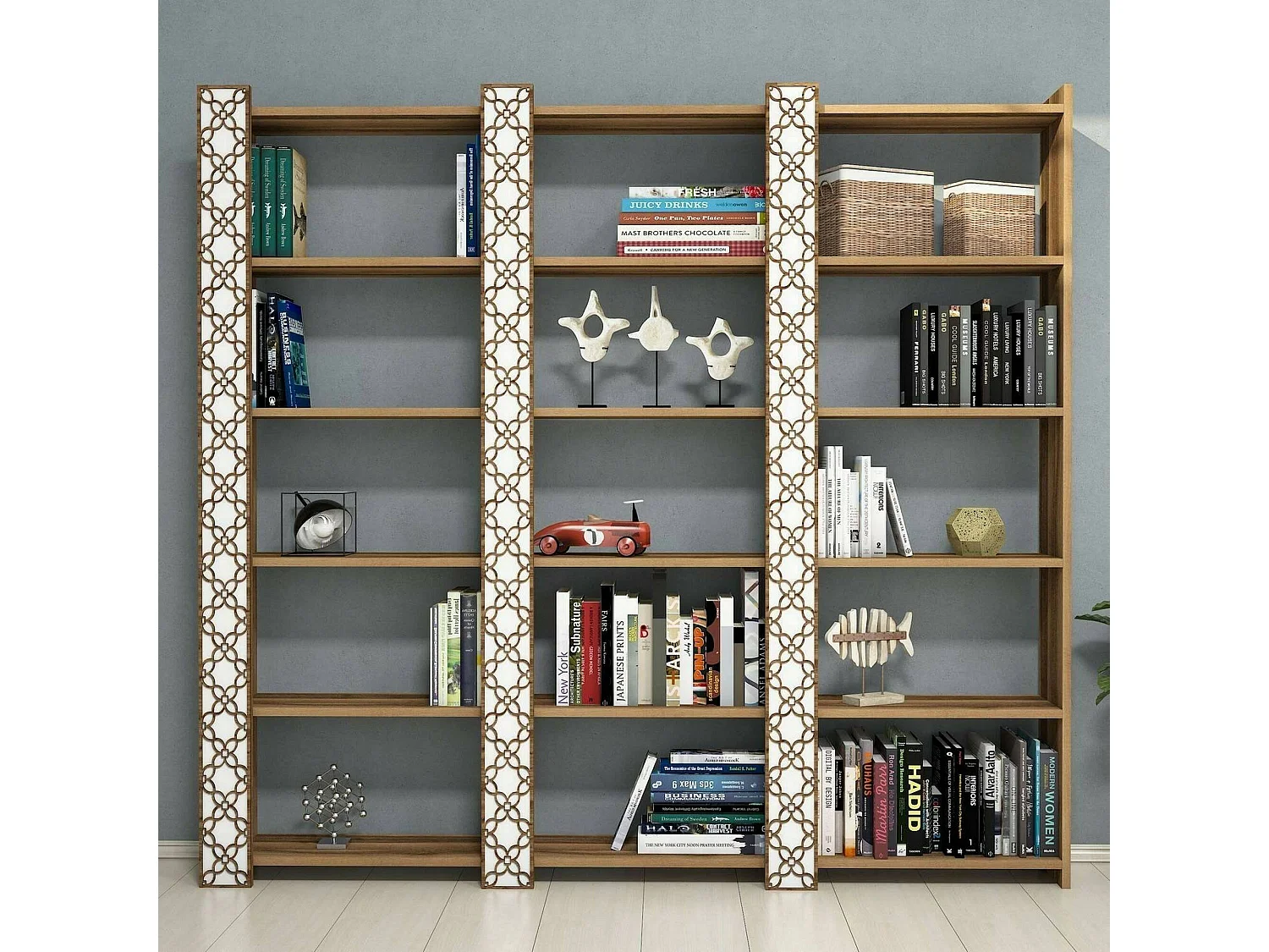 Bibliothèque Alula, Etagère de bureau, Porte-livre mobile, Librairie, 185x24h170 cm, Noyer et Blanc