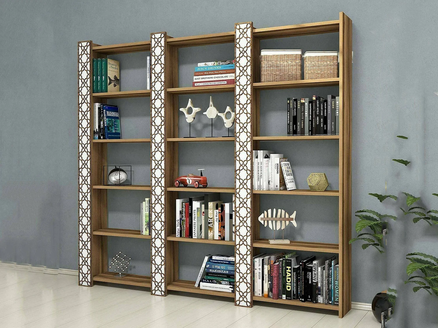 Bibliothèque Alula, Etagère de bureau, Porte-livre mobile, Librairie, 185x24h170 cm, Noyer et Blanc