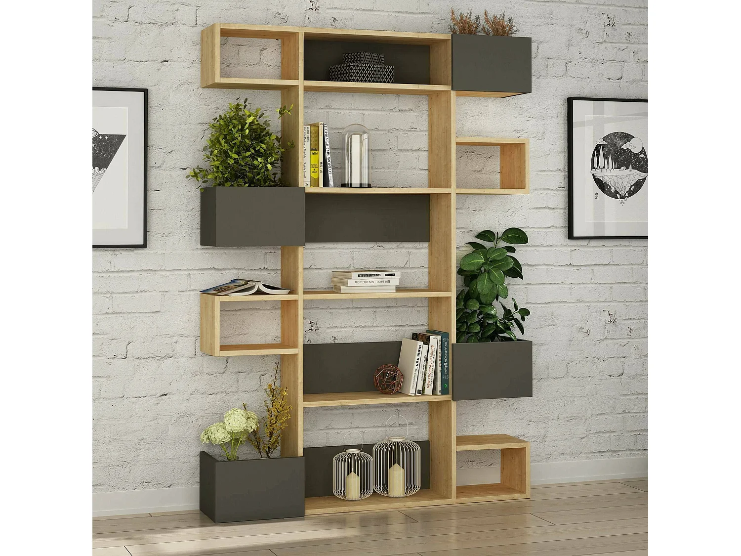 Bibliothèque Thetis, Etagère de bureau, Porte-livre mobile, Librairie, 120x20h171 cm, Chêne et Anthracite