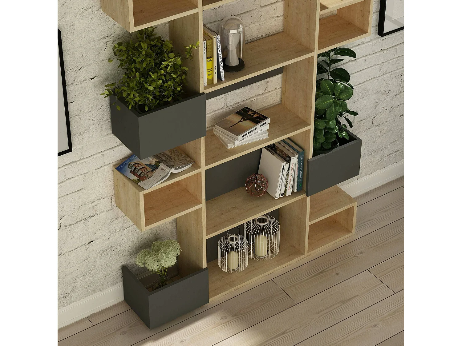 Bibliothèque Thetis, Etagère de bureau, Porte-livre mobile, Librairie, 120x20h171 cm, Chêne et Anthracite