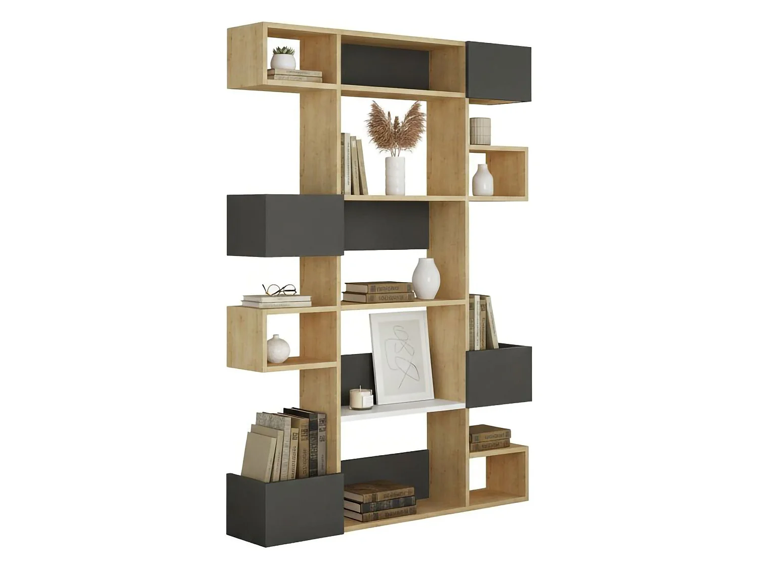 Bibliothèque Thetis, Etagère de bureau, Porte-livre mobile, Librairie, 120x20h171 cm, Chêne et Anthracite