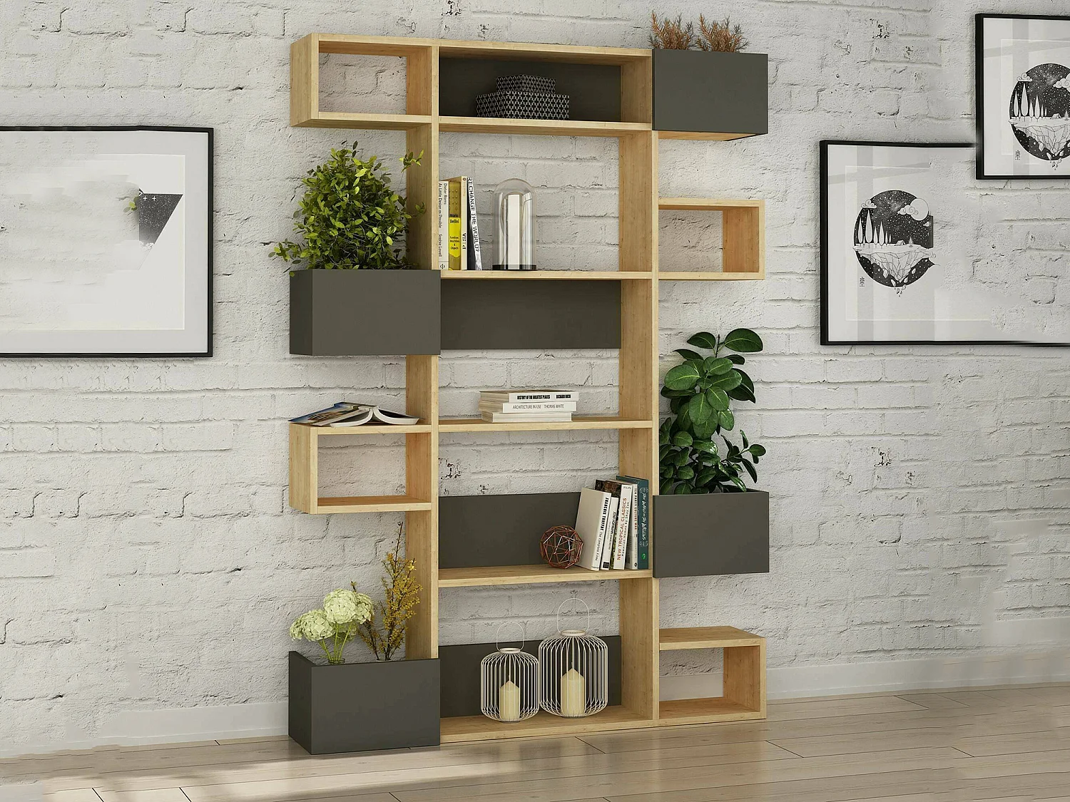 Dpiron bibliotheek, Kantoorplank, Boekensteunkast, Bibliotheek, 120x20h171 cm, Eiken en Antraciet