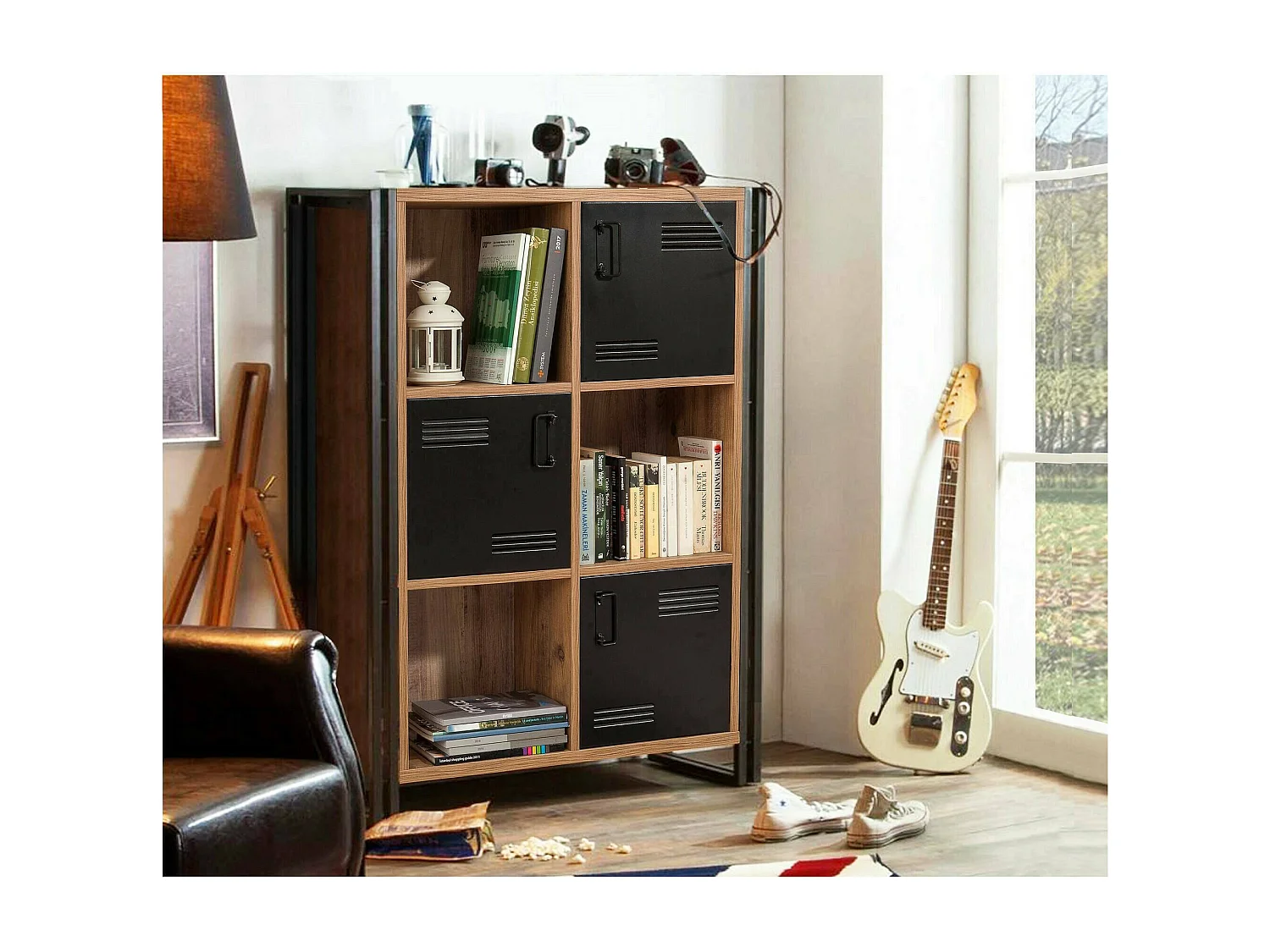 Bibliothèque Orion, Etagère de bureau, Porte-livre mobile, Librairie, 89x35h127 cm, Chêne et Noir